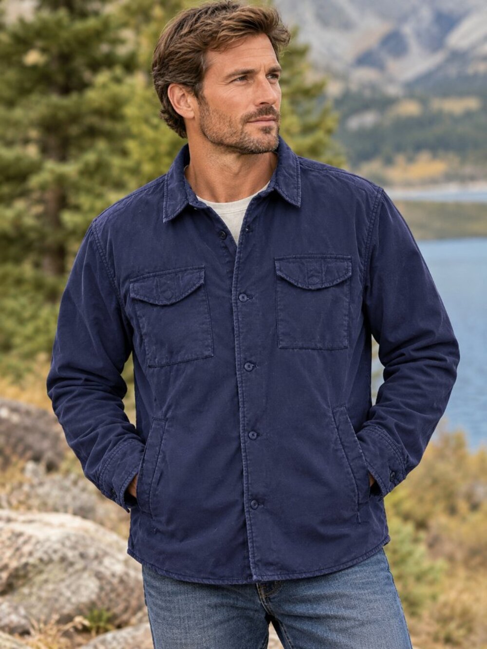 Grayers Clothiers Men's Navy Blue Fleece-Lined Chore Jacket Utility Workwear XL
